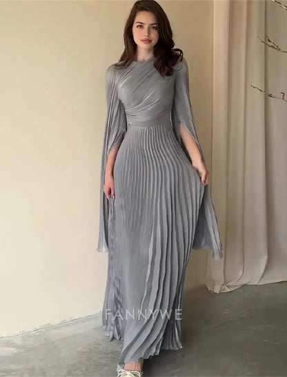 FannyWe Simple A-Line Quinceanera Dresses Elegant Dress Formal Wedding Floor Length Long Sleeve High Neck Polyester with Pleats