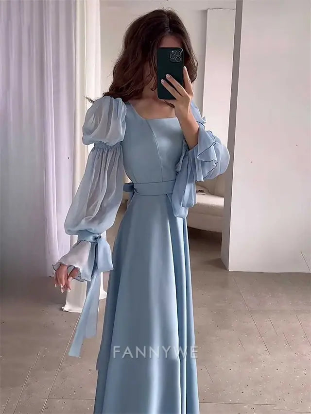 FannyWe Simple A-Line Quinceanera Dresses Elegant Dress Formal Wedding Floor Length Long Sleeve Square Neck Satin with Ruffles
