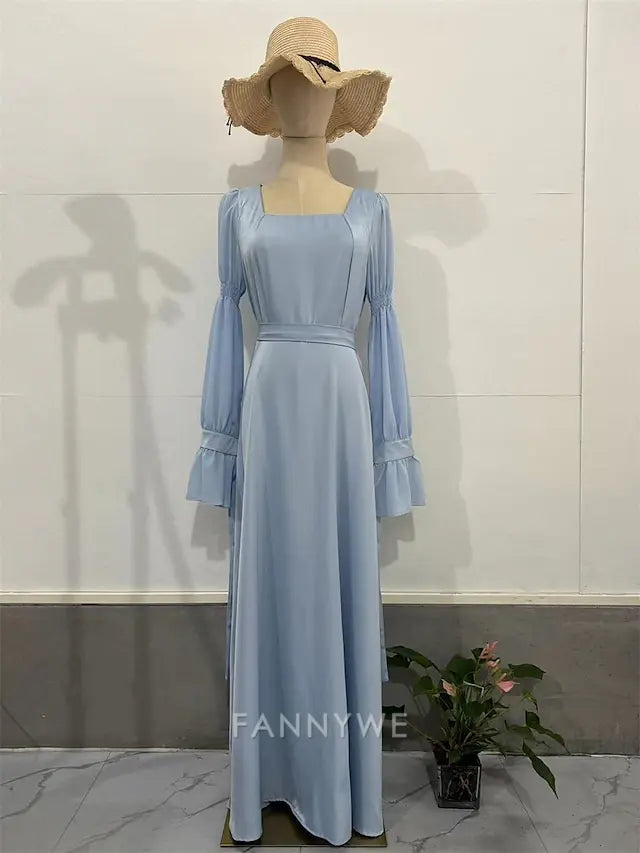 FannyWe Simple A-Line Quinceanera Dresses Elegant Dress Formal Wedding Floor Length Long Sleeve Square Neck Satin with Ruffles