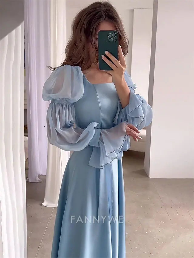 FannyWe Simple A-Line Quinceanera Dresses Elegant Dress Formal Wedding Floor Length Long Sleeve Square Neck Satin with Ruffles