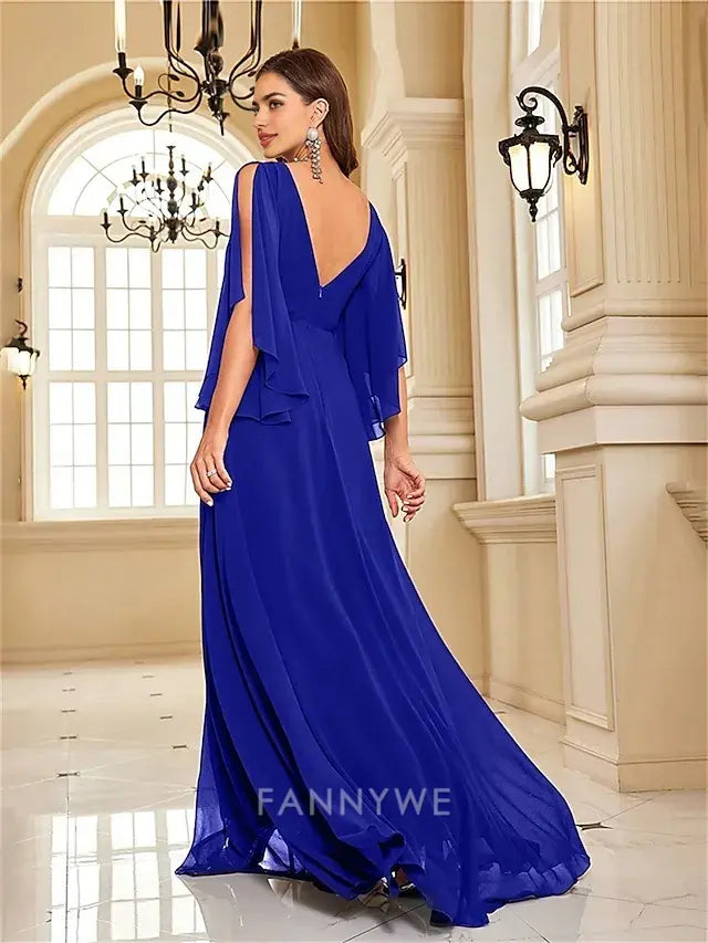 FannyWe Simple A-Line Quinceanera Dresses Elegant Dress Formal Wedding Floor Length Long Sleeve V Neck Chiffon V Back with Pleats Slit