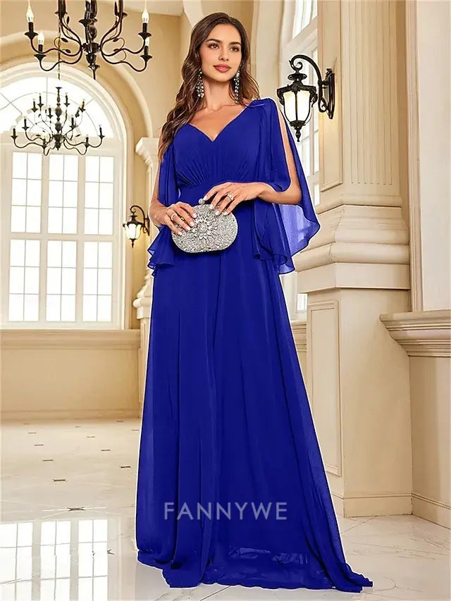 FannyWe Simple A-Line Quinceanera Dresses Elegant Dress Formal Wedding Floor Length Long Sleeve V Neck Chiffon V Back with Pleats Slit