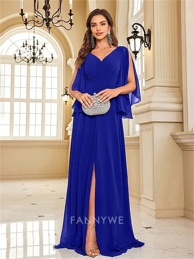 FannyWe Simple A-Line Quinceanera Dresses Elegant Dress Formal Wedding Floor Length Long Sleeve V Neck Chiffon V Back with Pleats Slit