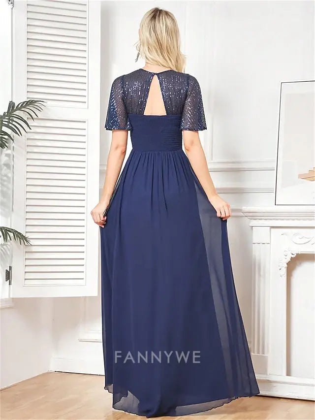 FannyWe Simple A-Line Quinceanera Dresses Elegant Dress Formal Wedding Floor Length Short Sleeve Crew Neck Chiffon with Pleats