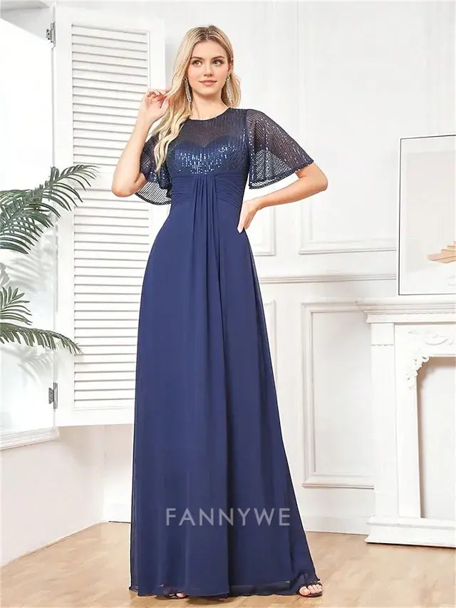 FannyWe Simple A-Line Quinceanera Dresses Elegant Dress Formal Wedding Floor Length Short Sleeve Crew Neck Chiffon with Pleats