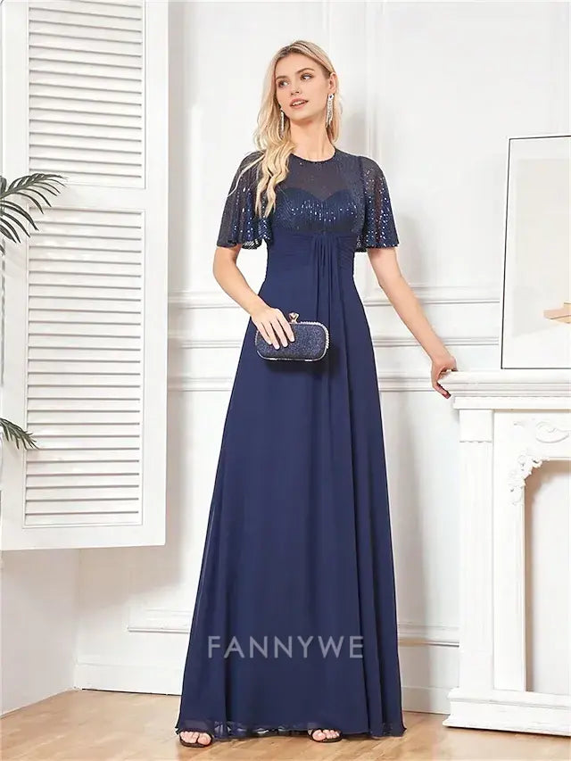 FannyWe Simple A-Line Quinceanera Dresses Elegant Dress Formal Wedding Floor Length Short Sleeve Crew Neck Chiffon with Pleats