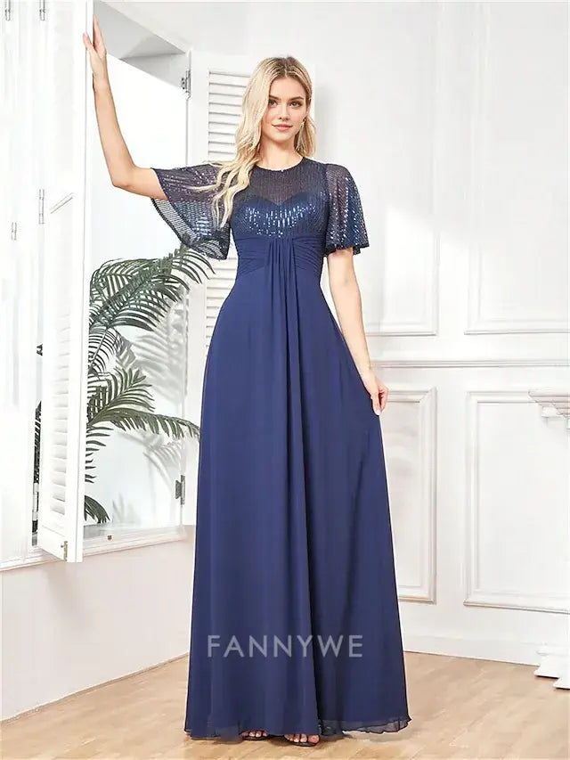 FannyWe Simple A-Line Quinceanera Dresses Elegant Dress Formal Wedding Floor Length Short Sleeve Crew Neck Chiffon with Pleats