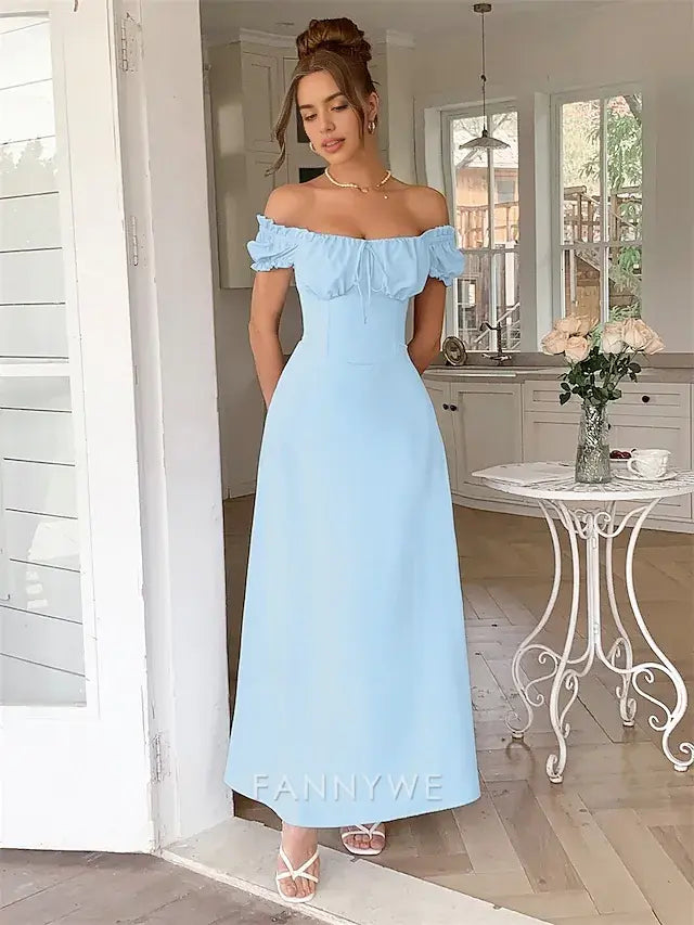 FannyWe Simple A-Line Quinceanera Dresses Elegant Dress Formal Wedding Floor Length Short Sleeve Off Shoulder Chiffon with Pleats