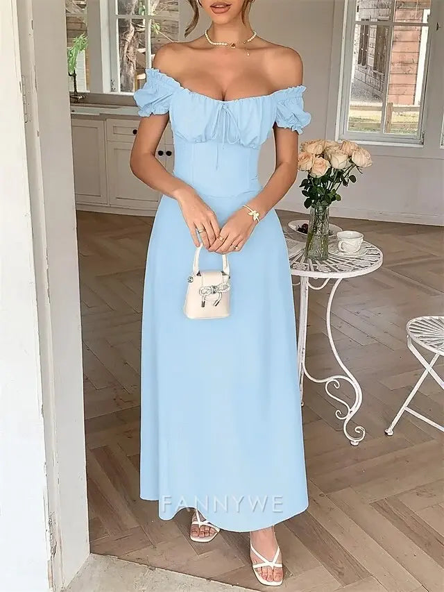 FannyWe Simple A-Line Quinceanera Dresses Elegant Dress Formal Wedding Floor Length Short Sleeve Off Shoulder Chiffon with Pleats