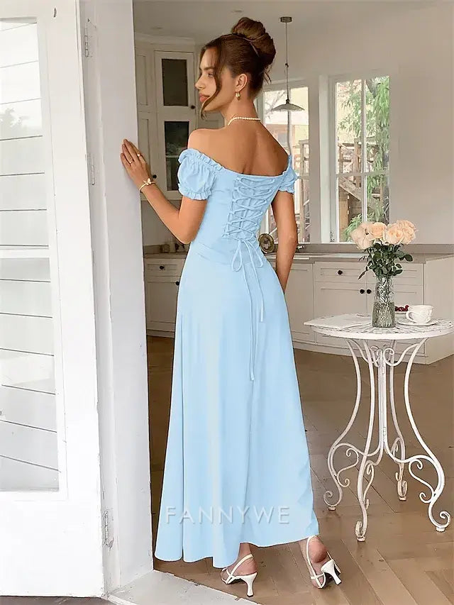 FannyWe Simple A-Line Quinceanera Dresses Elegant Dress Formal Wedding Floor Length Short Sleeve Off Shoulder Chiffon with Pleats