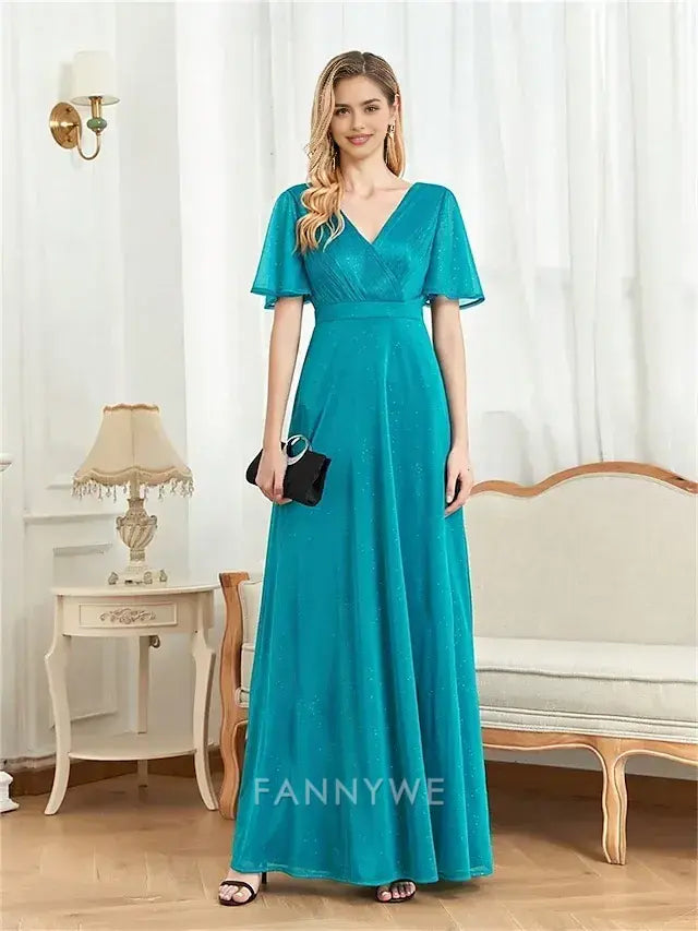 FannyWe Simple  A-Line Quinceanera Dresses Elegant Dress Formal Wedding Floor Length Short Sleeve V Neck Chiffon with Pleats