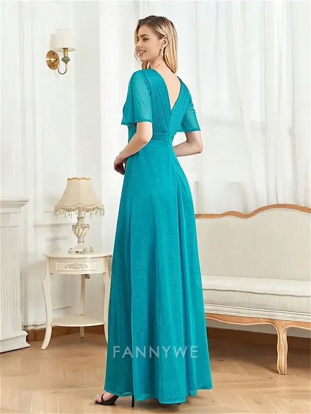 FannyWe Simple  A-Line Quinceanera Dresses Elegant Dress Formal Wedding Floor Length Short Sleeve V Neck Chiffon with Pleats