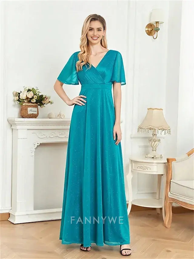 FannyWe Simple  A-Line Quinceanera Dresses Elegant Dress Formal Wedding Floor Length Short Sleeve V Neck Chiffon with Pleats