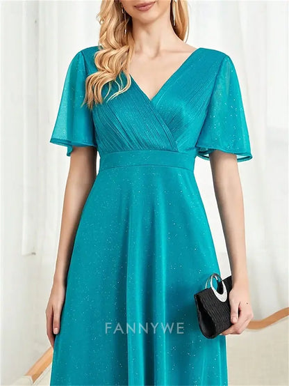 FannyWe Simple  A-Line Quinceanera Dresses Elegant Dress Formal Wedding Floor Length Short Sleeve V Neck Chiffon with Pleats