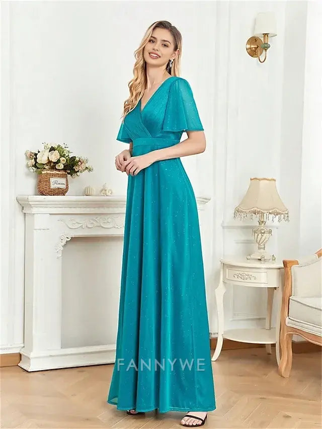 FannyWe Simple  A-Line Quinceanera Dresses Elegant Dress Formal Wedding Floor Length Short Sleeve V Neck Chiffon with Pleats