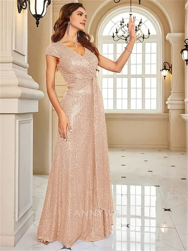 FannyWe Simple  A-Line Quinceanera Dresses Elegant Dress Formal Wedding Floor Length Short Sleeve V Neck Sequined with Sequin