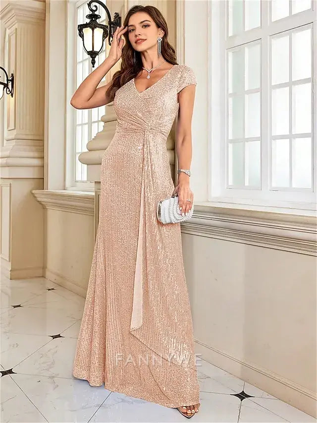 FannyWe Simple  A-Line Quinceanera Dresses Elegant Dress Formal Wedding Floor Length Short Sleeve V Neck Sequined with Sequin