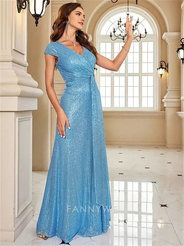 FannyWe Simple  A-Line Quinceanera Dresses Elegant Dress Formal Wedding Floor Length Short Sleeve V Neck Sequined with Sequin