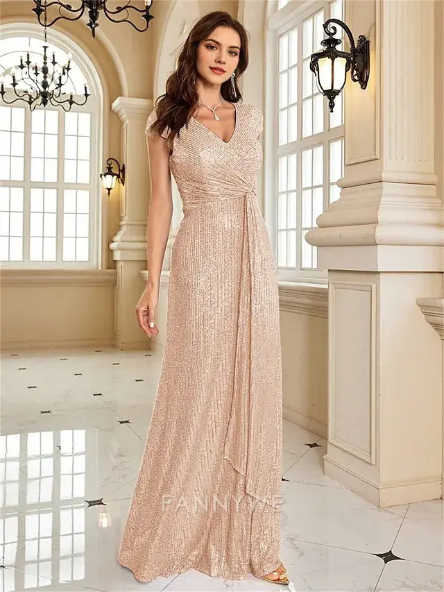 FannyWe Simple  A-Line Quinceanera Dresses Elegant Dress Formal Wedding Floor Length Short Sleeve V Neck Sequined with Sequin