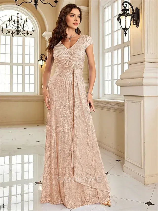 FannyWe Simple  A-Line Quinceanera Dresses Elegant Dress Formal Wedding Floor Length Short Sleeve V Neck Sequined with Sequin