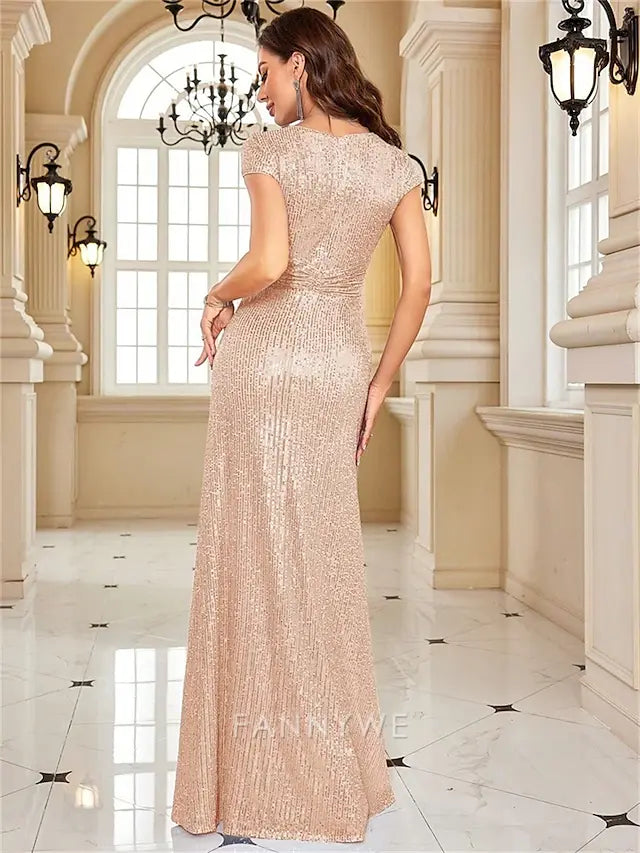 FannyWe Simple  A-Line Quinceanera Dresses Elegant Dress Formal Wedding Floor Length Short Sleeve V Neck Sequined with Sequin