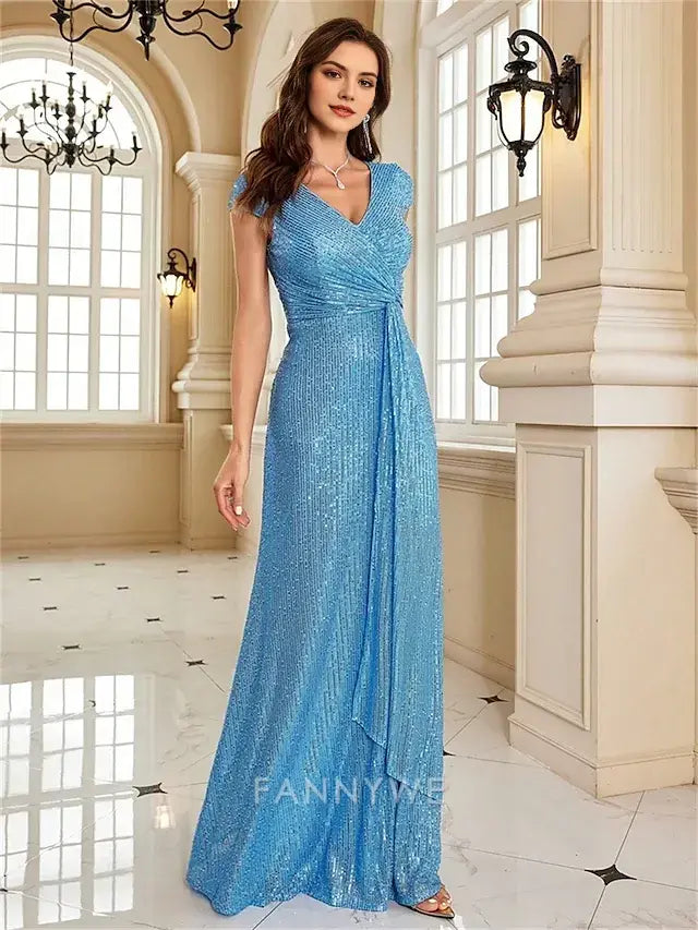 FannyWe Simple  A-Line Quinceanera Dresses Elegant Dress Formal Wedding Floor Length Short Sleeve V Neck Sequined with Sequin