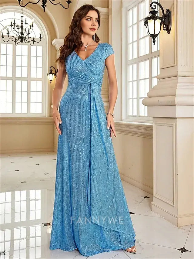FannyWe Simple  A-Line Quinceanera Dresses Elegant Dress Formal Wedding Floor Length Short Sleeve V Neck Sequined with Sequin
