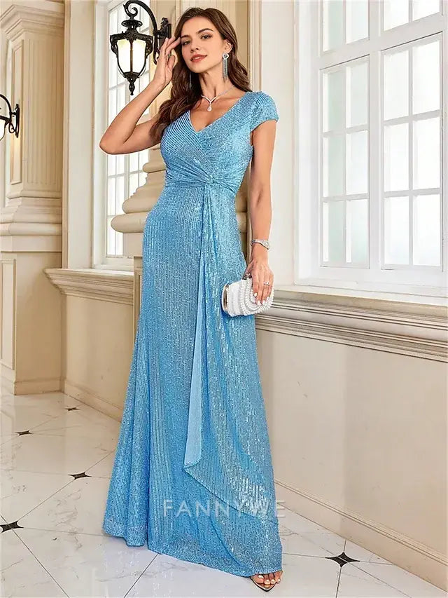 FannyWe Simple  A-Line Quinceanera Dresses Elegant Dress Formal Wedding Floor Length Short Sleeve V Neck Sequined with Sequin