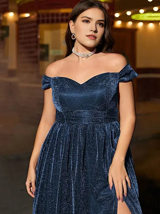 FannyWe Simple A-Line Quinceanera Dresses Elegant Dress Formal Wedding Floor Length Sleeveless Off Shoulder Polyester with Slit