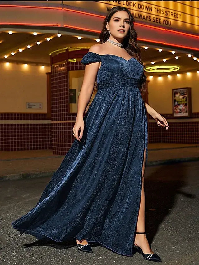 FannyWe Simple A-Line Quinceanera Dresses Elegant Dress Formal Wedding Floor Length Sleeveless Off Shoulder Polyester with Slit