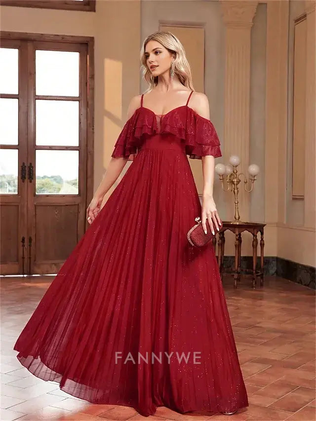 FannyWe Simple A-Line Quinceanera Dresses Elegant Dress Formal Wedding Floor Length Sleeveless Spaghetti Strap Chiffon Backless with Pleats