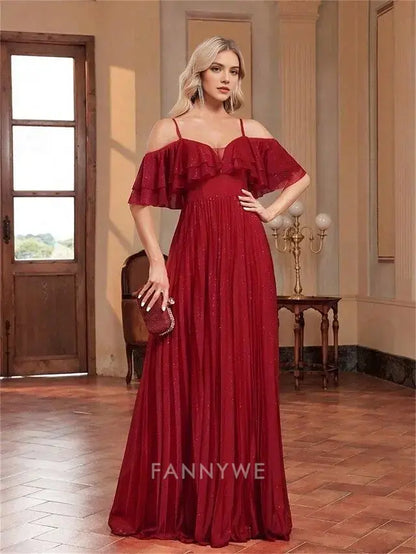 FannyWe Simple A-Line Quinceanera Dresses Elegant Dress Formal Wedding Floor Length Sleeveless Spaghetti Strap Chiffon Backless with Pleats