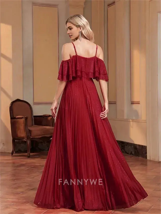 FannyWe Simple A-Line Quinceanera Dresses Elegant Dress Formal Wedding Floor Length Sleeveless Spaghetti Strap Chiffon Backless with Pleats
