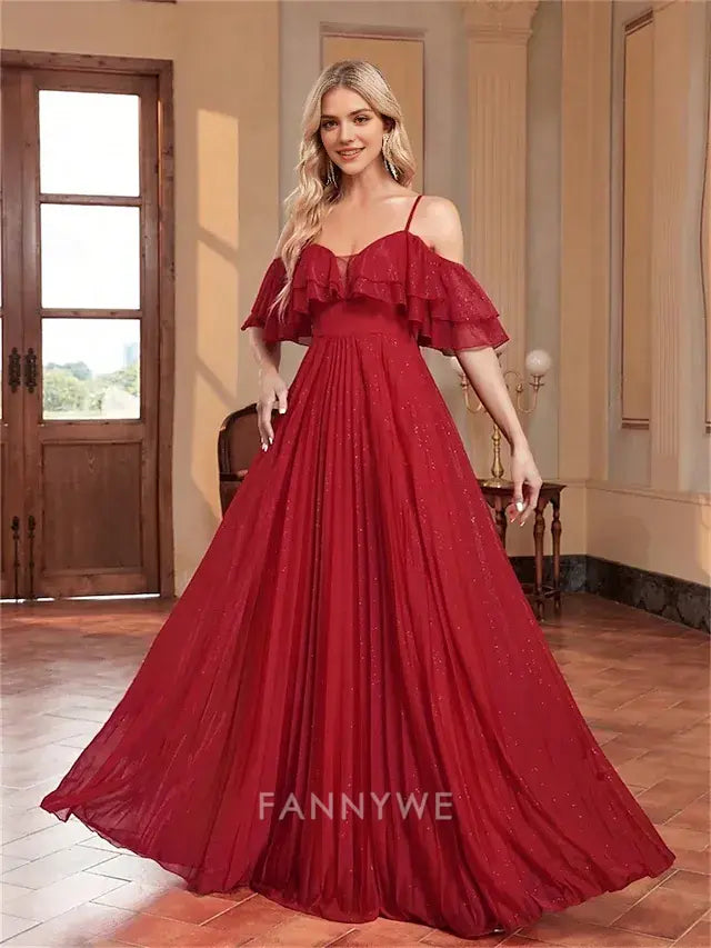 FannyWe Simple A-Line Quinceanera Dresses Elegant Dress Formal Wedding Floor Length Sleeveless Spaghetti Strap Chiffon Backless with Pleats