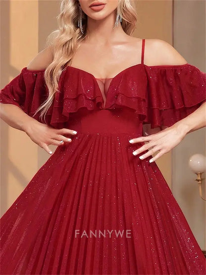 FannyWe Simple A-Line Quinceanera Dresses Elegant Dress Formal Wedding Floor Length Sleeveless Spaghetti Strap Chiffon Backless with Pleats