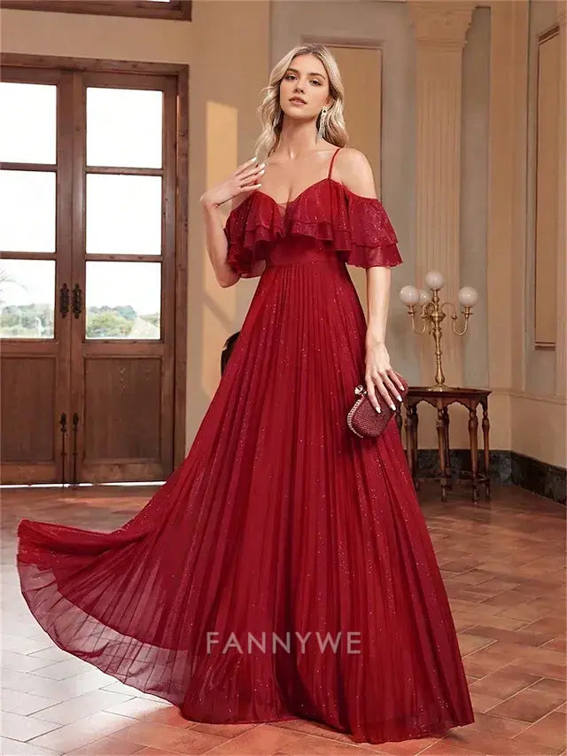 FannyWe Simple A-Line Quinceanera Dresses Elegant Dress Formal Wedding Floor Length Sleeveless Spaghetti Strap Chiffon Backless with Pleats
