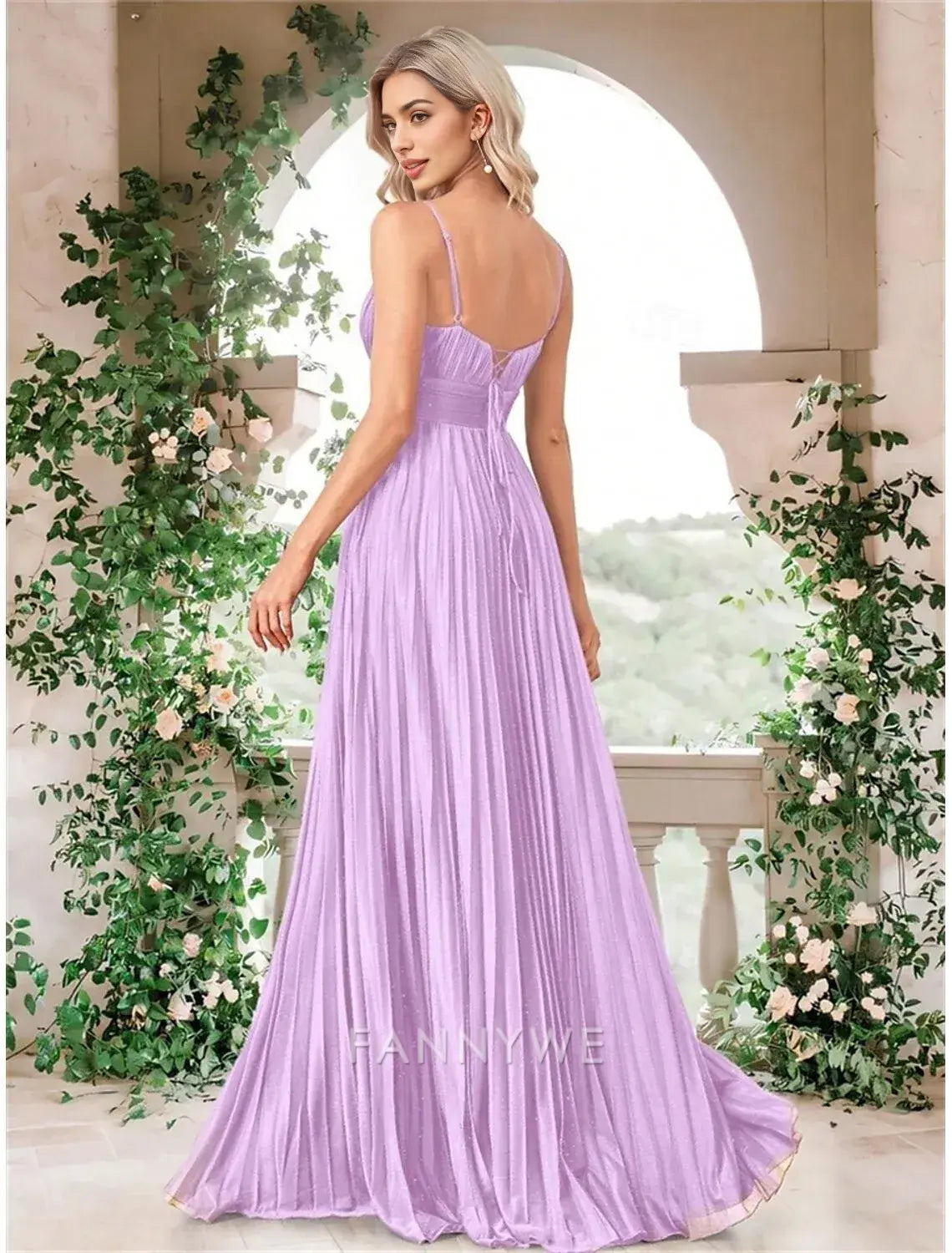 FannyWe Simple A-Line Quinceanera Dresses Elegant Dress Formal Wedding Floor Length Sleeveless Spaghetti Strap Chiffon with Pleats