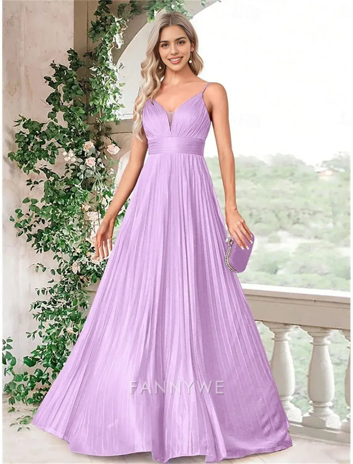 FannyWe Simple A-Line Quinceanera Dresses Elegant Dress Formal Wedding Floor Length Sleeveless Spaghetti Strap Chiffon with Pleats
