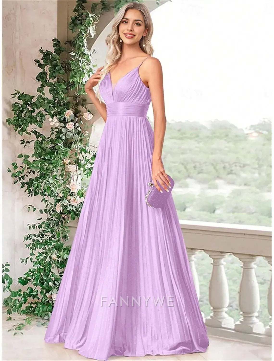 FannyWe Simple A-Line Quinceanera Dresses Elegant Dress Formal Wedding Floor Length Sleeveless Spaghetti Strap Chiffon with Pleats