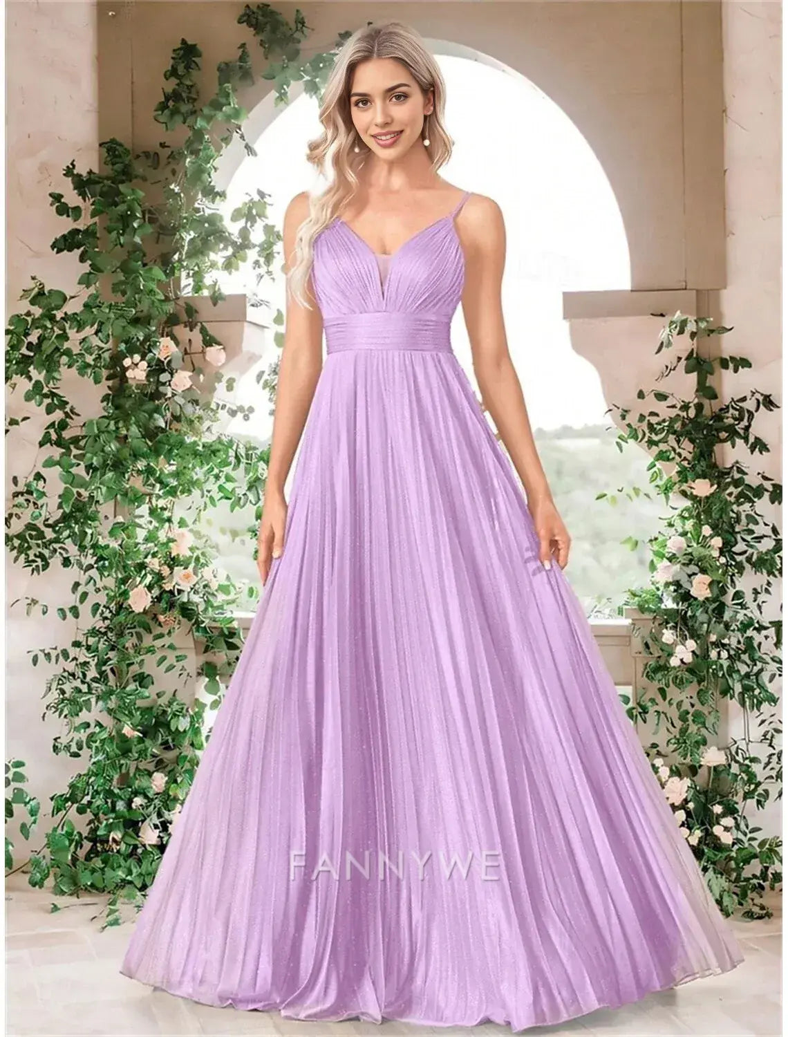FannyWe Simple A-Line Quinceanera Dresses Elegant Dress Formal Wedding Floor Length Sleeveless Spaghetti Strap Chiffon with Pleats