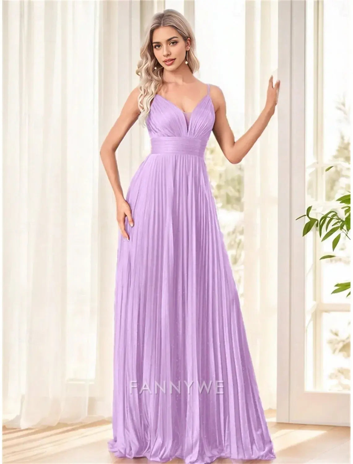 FannyWe Simple A-Line Quinceanera Dresses Elegant Dress Formal Wedding Floor Length Sleeveless Spaghetti Strap Chiffon with Pleats