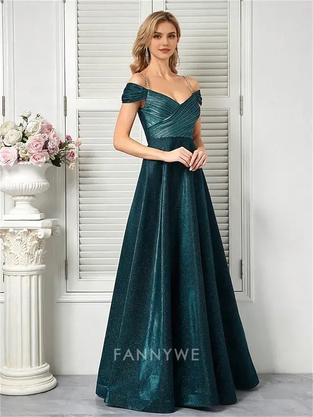 FannyWe Simple A-Line Quinceanera Dresses Elegant Dress Formal Wedding Floor Length Sleeveless Spaghetti Strap Polyester V Back with Pleats
