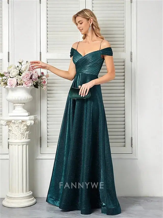 FannyWe Simple A-Line Quinceanera Dresses Elegant Dress Formal Wedding Floor Length Sleeveless Spaghetti Strap Polyester V Back with Pleats