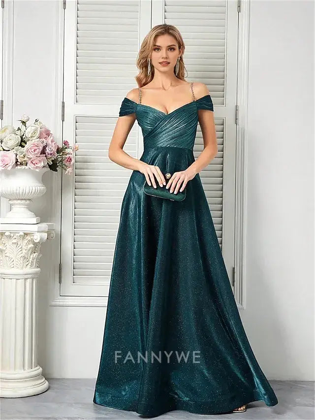 FannyWe Simple A-Line Quinceanera Dresses Elegant Dress Formal Wedding Floor Length Sleeveless Spaghetti Strap Polyester V Back with Pleats