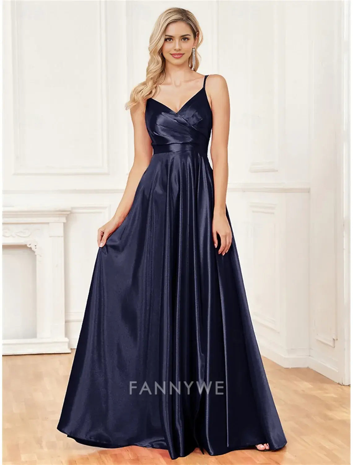 FannyWe Simple A-Line Quinceanera Dresses Elegant Dress Formal Wedding Floor Length Sleeveless Spaghetti Strap Satin with Pleats Slit