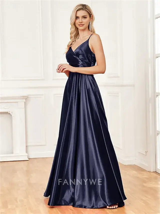 FannyWe Simple A-Line Quinceanera Dresses Elegant Dress Formal Wedding Floor Length Sleeveless Spaghetti Strap Satin with Pleats Slit