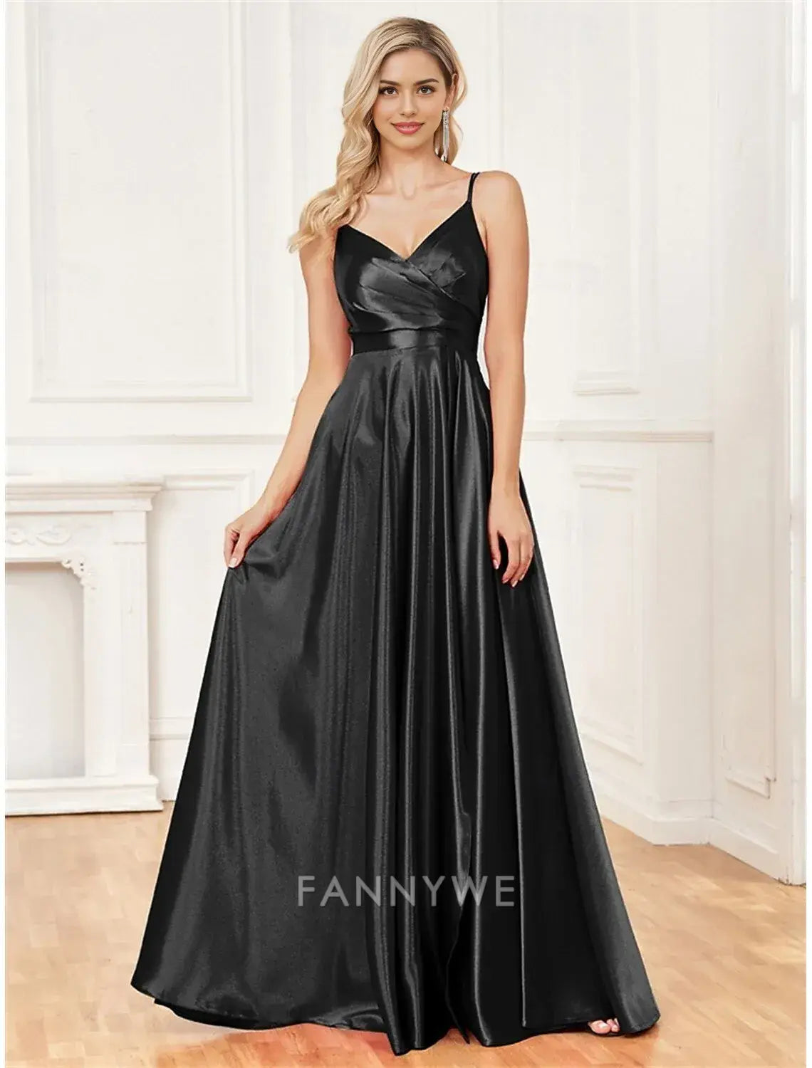 FannyWe Simple A-Line Quinceanera Dresses Elegant Dress Formal Wedding Floor Length Sleeveless Spaghetti Strap Satin with Pleats Slit