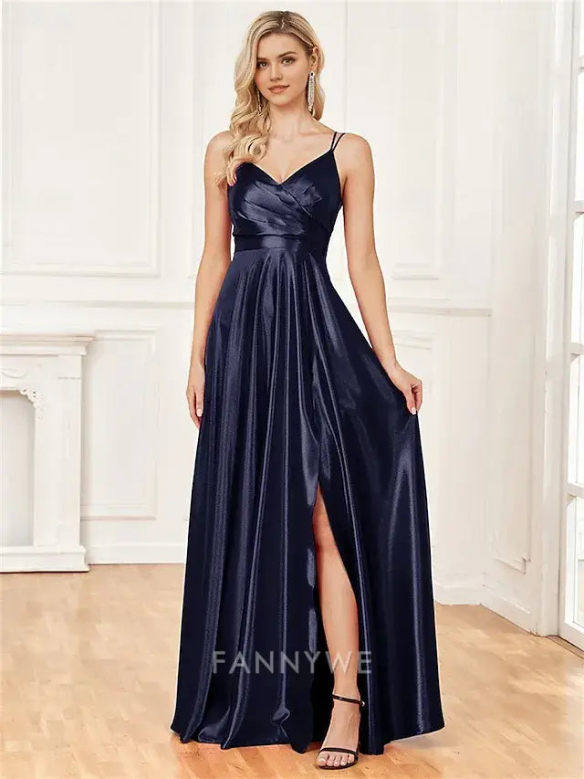 FannyWe Simple A-Line Quinceanera Dresses Elegant Dress Formal Wedding Floor Length Sleeveless Spaghetti Strap Satin with Pleats Slit