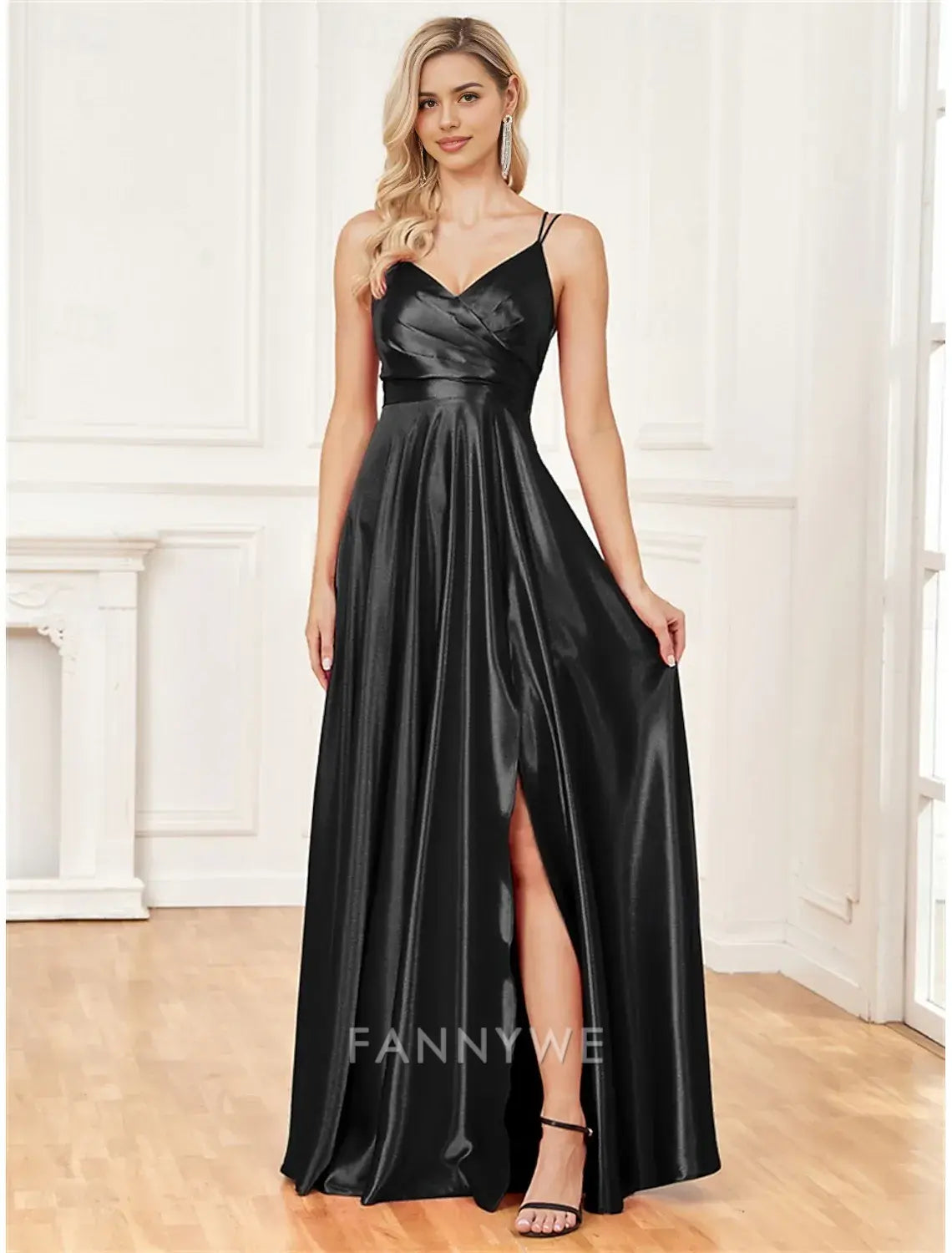 FannyWe Simple A-Line Quinceanera Dresses Elegant Dress Formal Wedding Floor Length Sleeveless Spaghetti Strap Satin with Pleats Slit