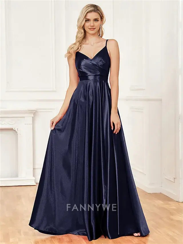 FannyWe Simple A-Line Quinceanera Dresses Elegant Dress Formal Wedding Floor Length Sleeveless Spaghetti Strap Satin with Pleats Slit